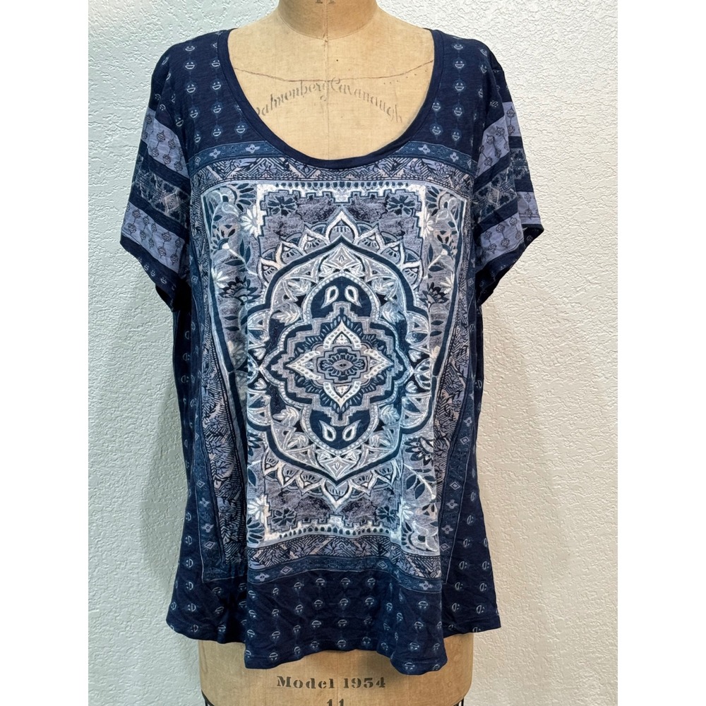 Lucky Brand Womens 2X Blue Mandala Medallion Graphic Short Sleeve Tee Shirt